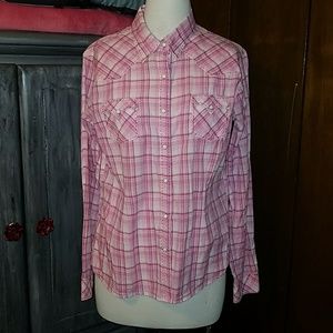 Women's Pearl Snap Shirt Pink Stitch Plaid